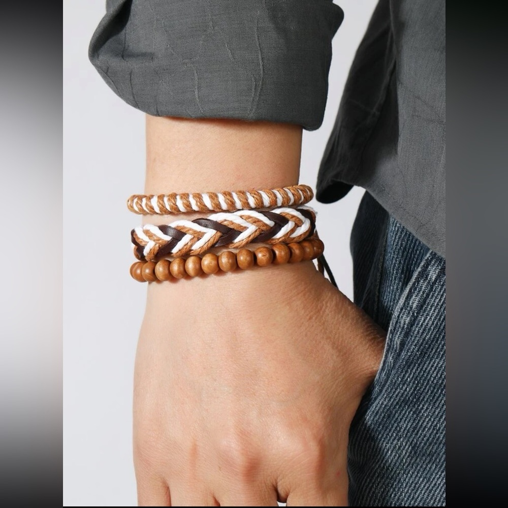 🍃 Awesome 3 Piece Earthy Layering Set Of Bracelets Boho Woven Wooden Beaded 🌍